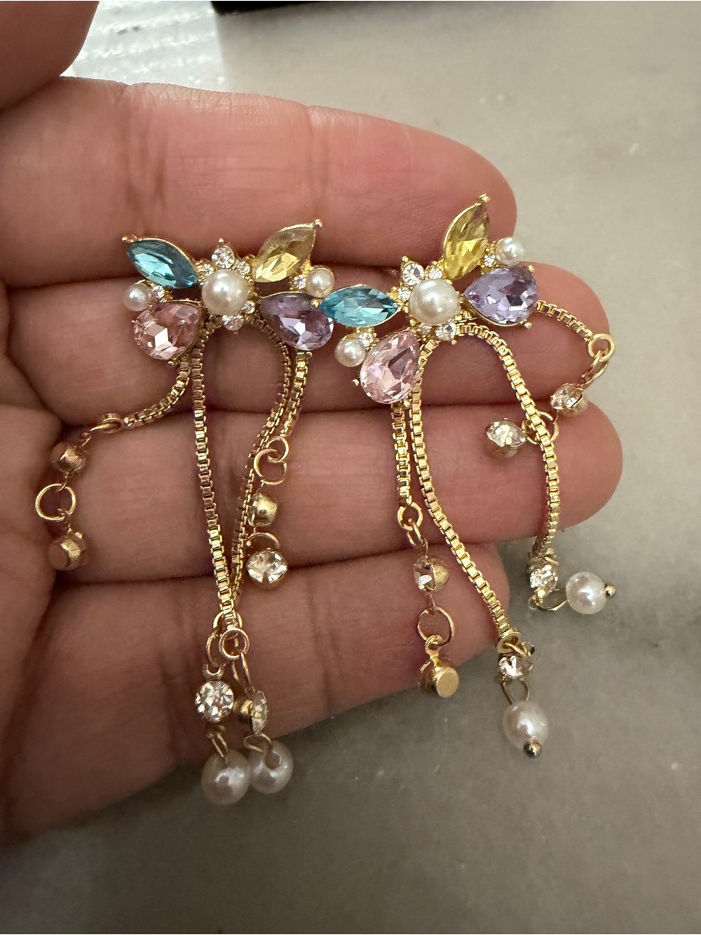 Gold Multicolor Cz Drop Earrings with Pearls - Picture 4 of 4